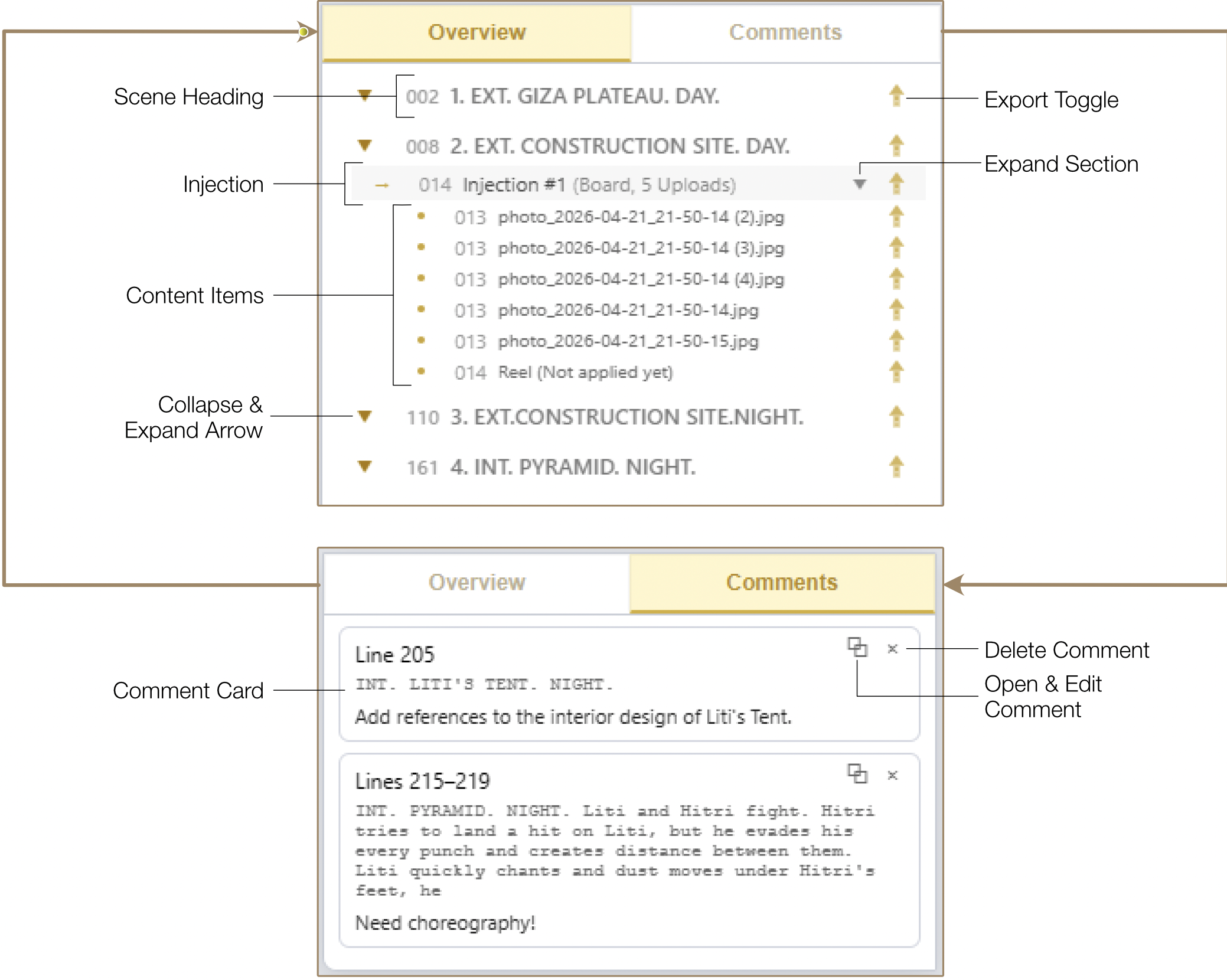 Overview panel showing project structure tree with scene headings, injections, and comment cards